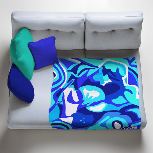 Blue Cammo Cat Light Weight Fleece Blanket by Picatso