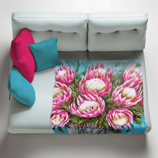 Bright Pink Proteas Light Weight Fleece Blanket by Stella Bruwer