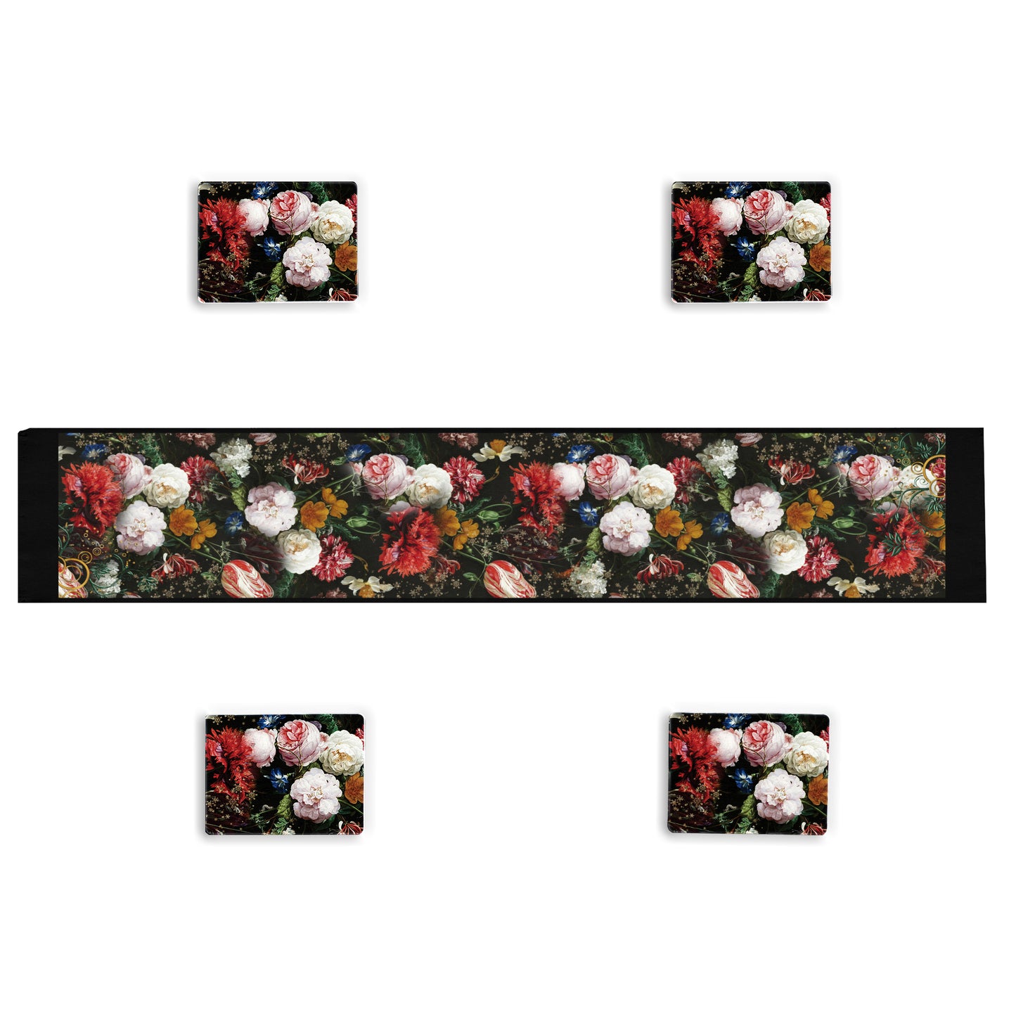Colourful Roses on Black Runner and Placemats Combo