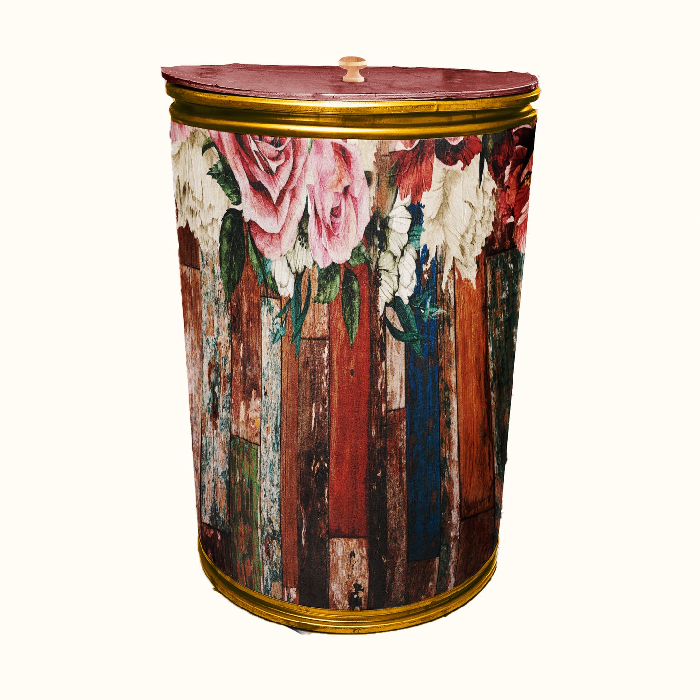 Floral on Rustic Wood Decoupage Drum Cover